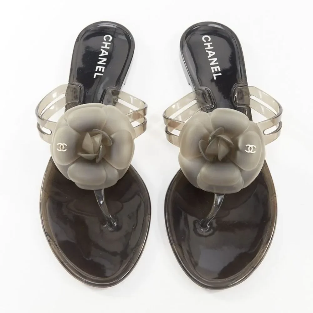 Chanel Grey Clear Camellia Rubber Jelly Sandals